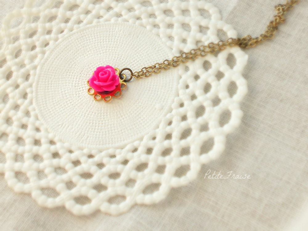 La Petite Rose, In Hot Pink And Brass, Kids Flower Necklace