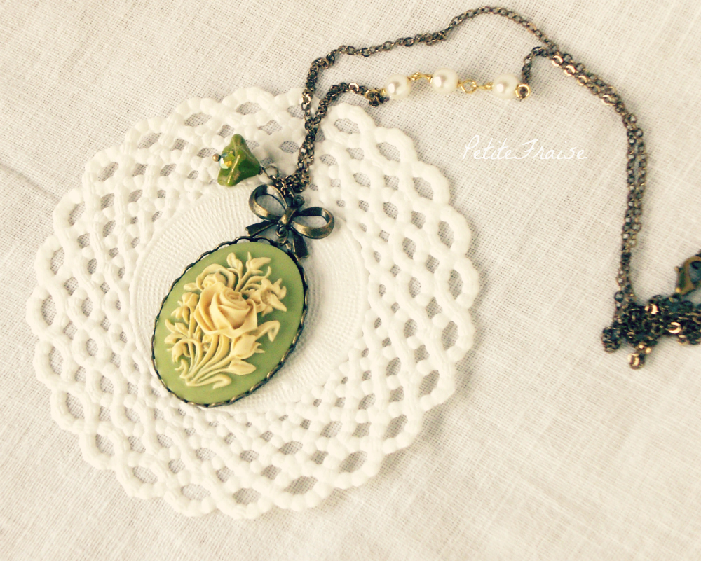 Delicacy, Flower Cameo Necklace In Cream White And Olive Green
