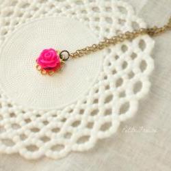 La petite rose, in hot pink and brass, Kids flower necklace
